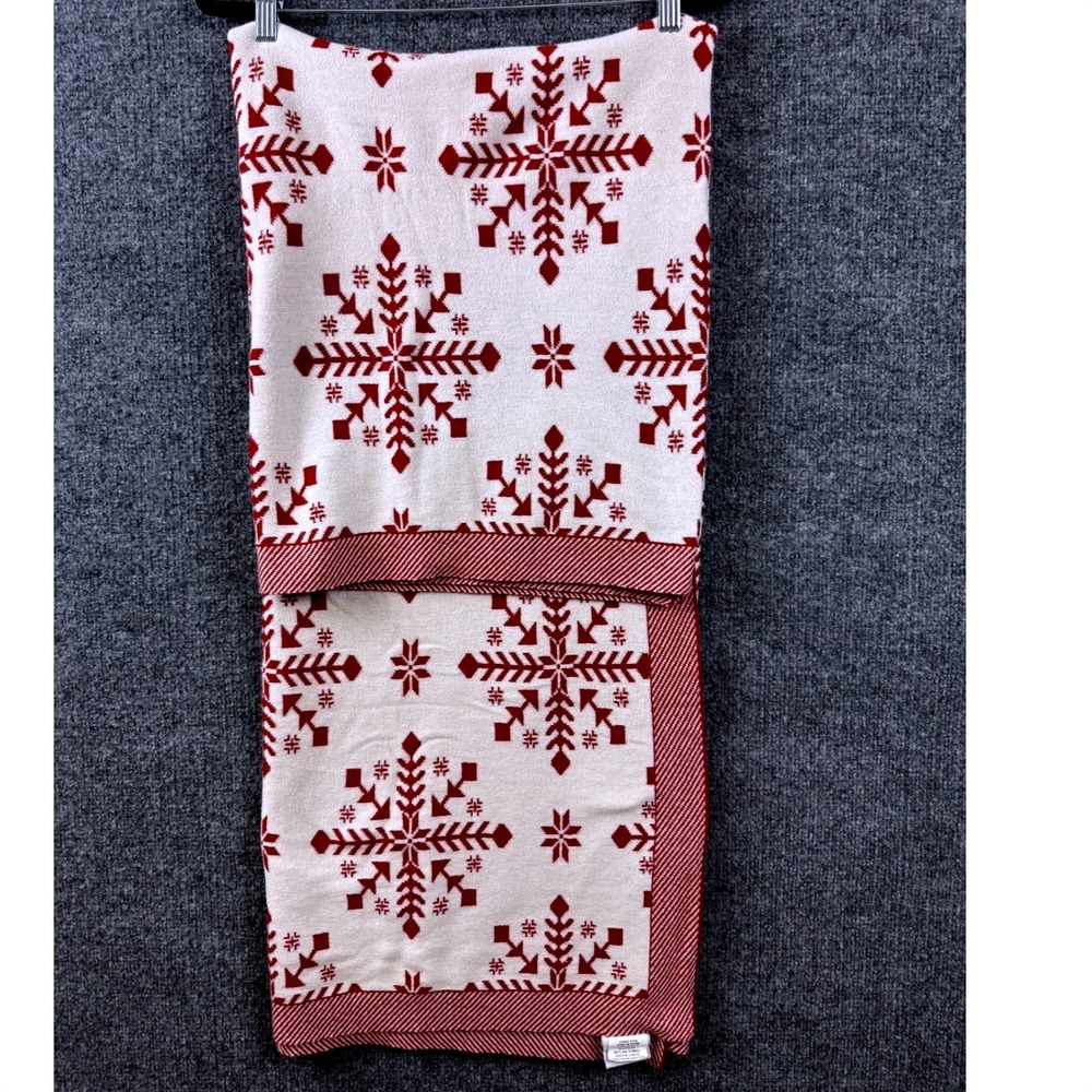 Jingles & Joy Seasonal Holiday Red Cream Snow Knit Throw Blanket Cotton 62x52"